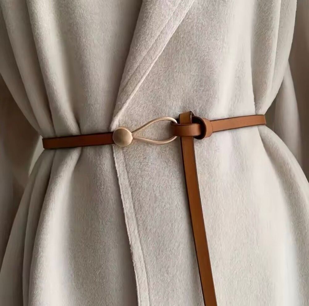 Brown Skinny Waist Belt Gold Teardrop Buckle Minimalist Dress Vegan Leather NWOT